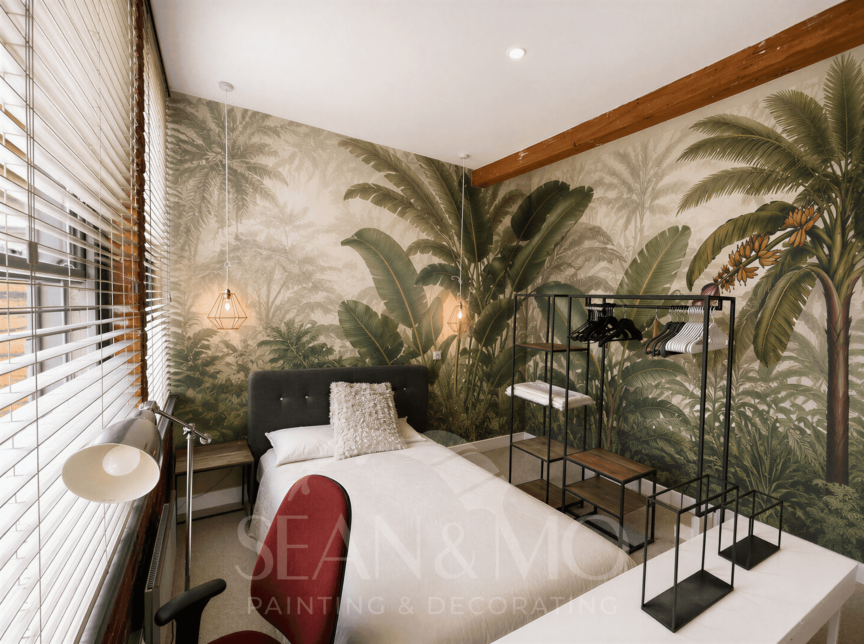 Wallpapered feature wall installed by Sean & Mo