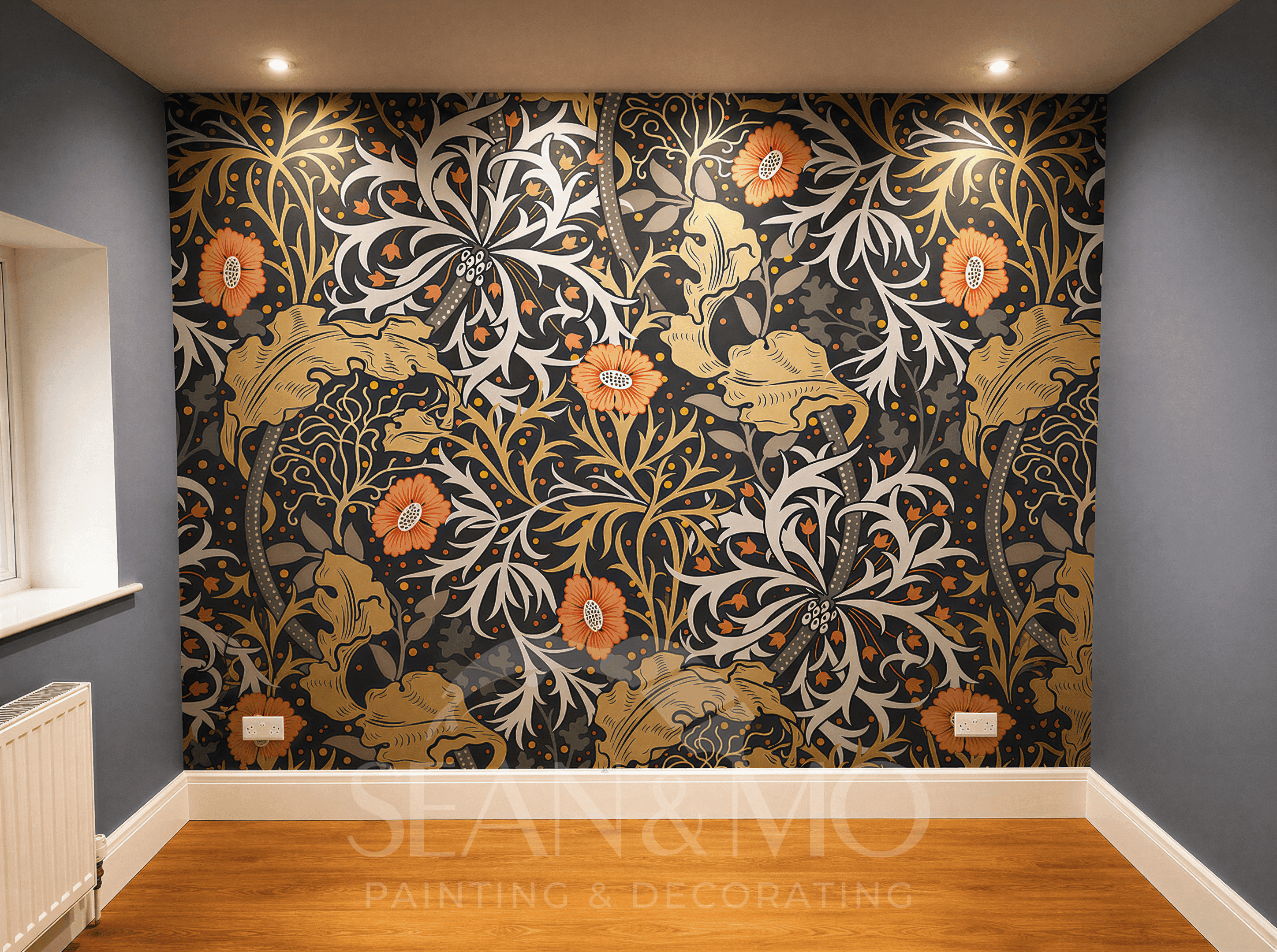 Wallpapered room with finished seams and edges