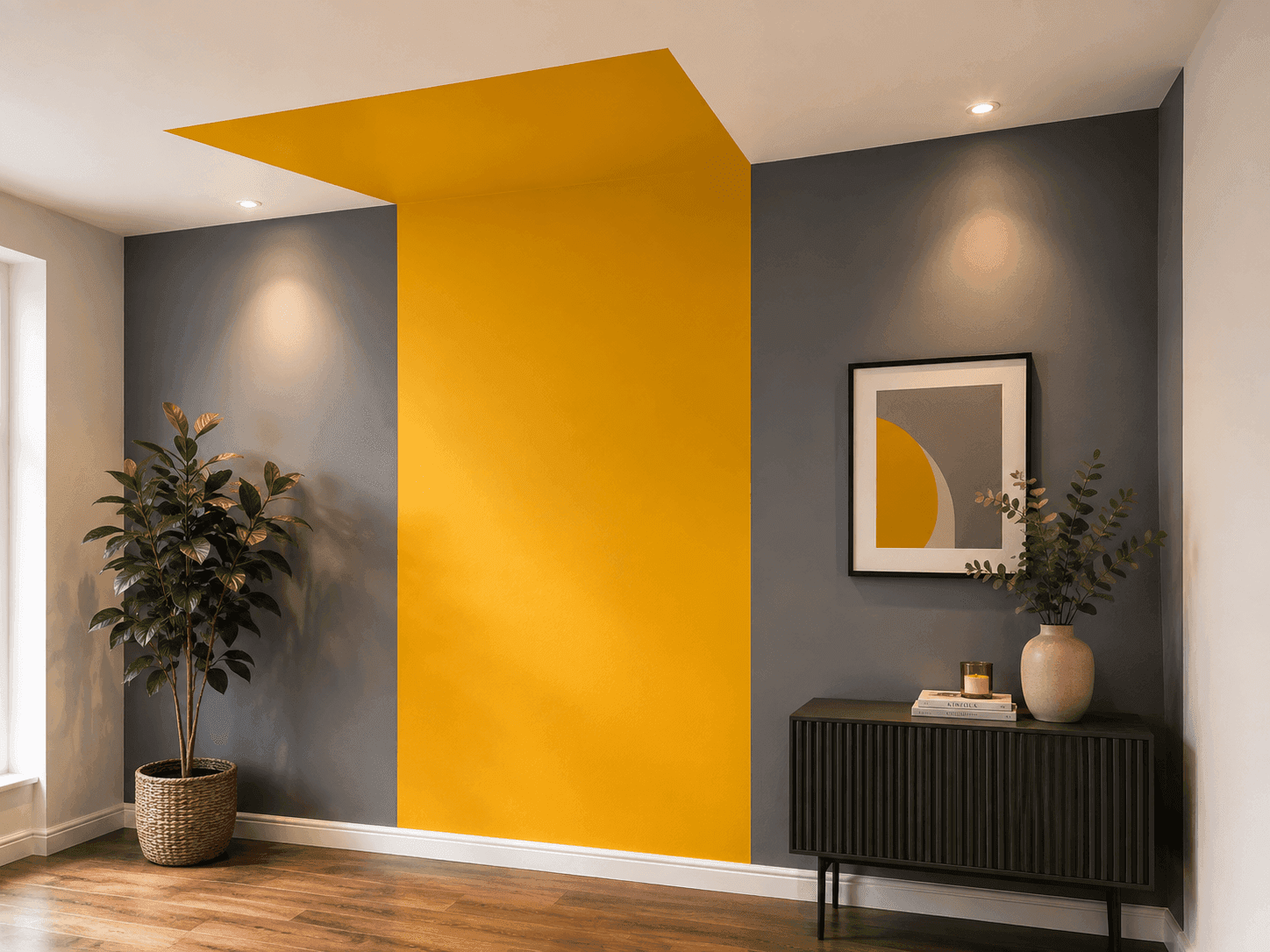 Charcoal wall with an ochre architectural colour block continuing onto the ceiling